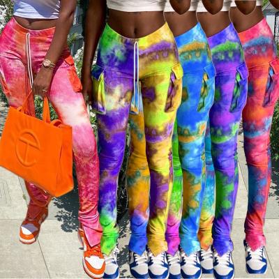 China European and American urban casual women breathable dye tie pocket slit micro-flared fashion track pants for sale