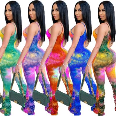 China QUICK DRY Casual Tie Dye Suspender Summer Fashion Women Multicolor Chunky Flare Pleated Chunky One Piece Stacked Overalls Pants for sale