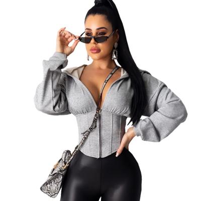 China New Designer Ladies Sweatshirts Cropped Anti-wrinkle Tops Coat Jacket Gray Hoodies Tracksuit Custom Women Asymmetric Thin Sweatshirt for sale