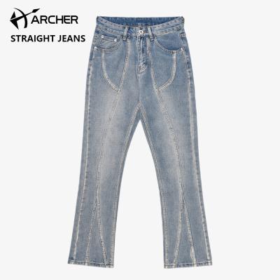 China Custom Designer Jeans High Street Retro Breathable Casual Men's Mid Rise Straight Jeans Washed Wide Leg Mens Flare Jeans for sale