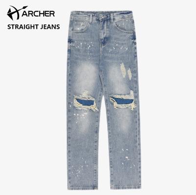 China Vintage Breathable Wholesale Blue Jeans Stretch Pants Loose Leg Patchwork Jeans Straight Hip Hop Streetwear Ripped Jeans Men for sale