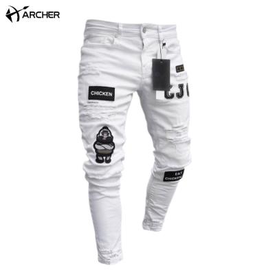 China Hot Sale Distressed Biker Mens Jeans Denim Breathable Destroyed Badge Pants Art Patches Skinny Biker White Jeans for sale