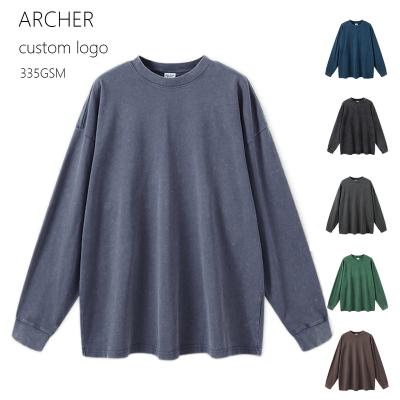 China Factory Wholesale Breathable High Quality 350g Heavy Solid Color Washed Batik Round Neck Long Sleeve Pullover Tee Custom T-Shirt For Men for sale