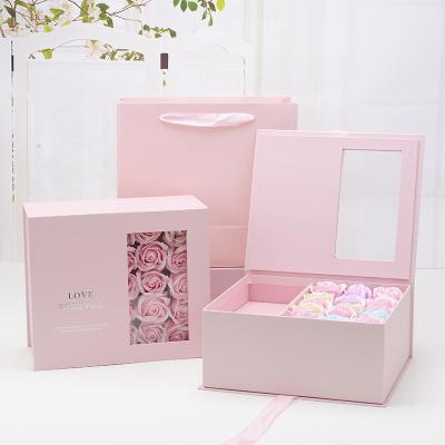 China Custom printed wholesale luxury handmade/high quality fresh logo flowers window rose valentine gifts jewelry packaging box for sale