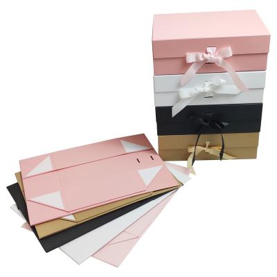 China Wholesale Recyclable Luxury Magnetic Foldable Gift Box Magnetic Folding Gift Box Pink Ribbon Cover Folding Box Customized for sale