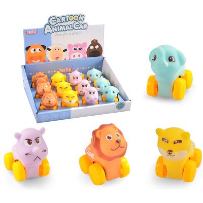 China Toy 12 PCS/Box Flat Pack Soft Toy Funny Cartoon Animal Rubber Mini Car Push Back Car Toys For Baby Paint for sale