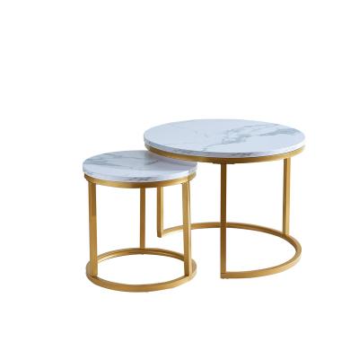 China Concise Gold Metal Nest Table Living Room Modern Wood Top Nordic Nest Side End Table Set White Color Top Marble Coffee Table for sale