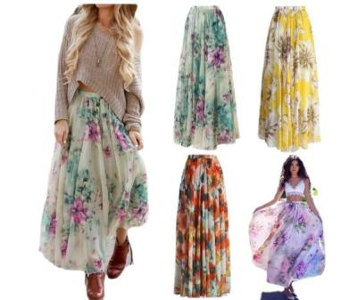 China Hot Selling Ladies Anti-Static Custom Elegant Skirt Summer New Fashion Skirt Floral Printing Shrink Long Women Skirts Maxi for sale