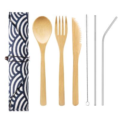 China Sustainable Portable Bamboo Flatware Stainless Steel Straw Cutlery Set Travel Dinnerware Sets for sale