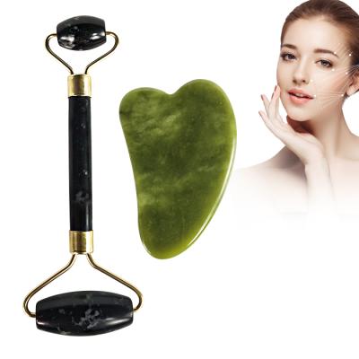 China Private Label Green Massage Tools Facial Massager Jade Stone Roller Gua Sha Whitening Set for sale