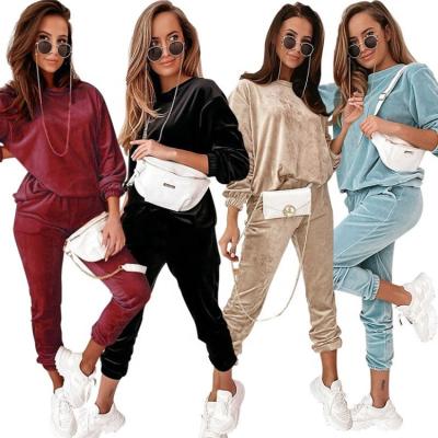 China 2021 autumn winter velor QUICK DRY sweatsuit sets women crewneck neck sleeve 2 piece outfits long plus size pants two piece set for sale