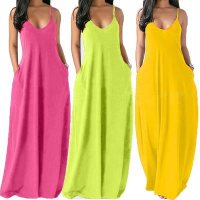 China Breathable Customized Plus Size Long Casual Maxi Dresses Women Summer Dress Solid Color Strap V-Neck Strap Maxi Dress Women Long for sale