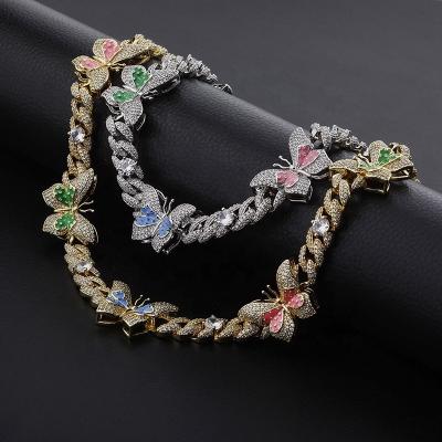 China Hiphop Butterfly Necklace 3 Colors Butterfly Iced Out Cuban Zircon Choker Necklace Hip Hop Fashion Jewelry For Gift for sale