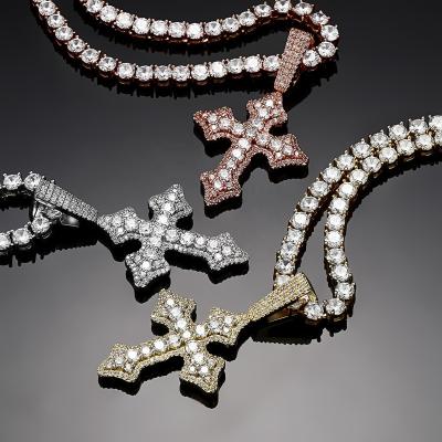 China Hiphop NEW Big Zircon Cross Pendant High Quality Iced Out Outlet Charm AAA+CZ Necklace With 4mm Tennis Chain Jewelry For Gift for sale