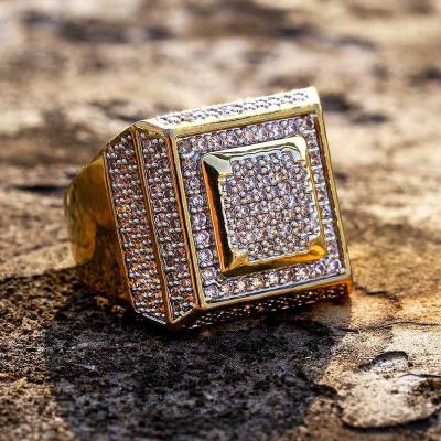 China Hip Hop Hip Hop Men Ring Copper Gold Color Plated Iced Out Micro Pave Cubic Zircon Square Rings With 7,8,9,10,11 Five Sizes for sale