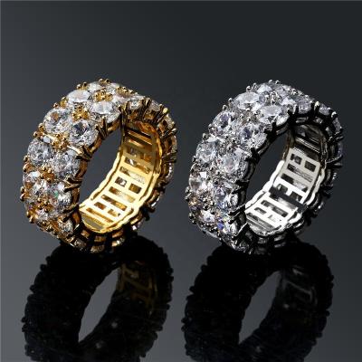 China New Design Hiphop Gold Silver Color Plated Ring Micro Paved 2 Row Chain Big Zircon Shiny Hip Hop Ring For Women Men for sale