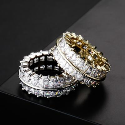 China Hiphop Two Row Baguette Band Rings Iced Out Zircon Hip Hop Jewelry Accessories For Men's Gift For Party for sale