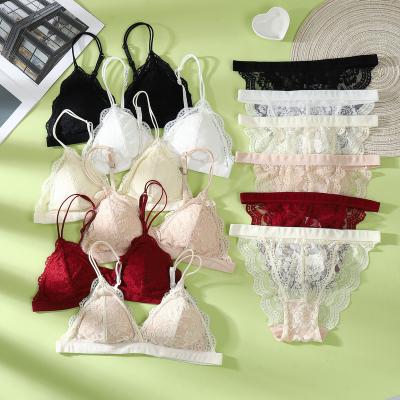 China Newest quality lace bras antibacterial french corset bra two piece bra and panties pretty set wire free bralette for sale