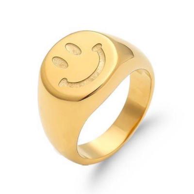 China TRENDY Non Tarnish Wholesale Aesthetic Jewelry Minimalist 18K Gold Plated Happy Smiley Face Signet Ring Stainless Steel for sale