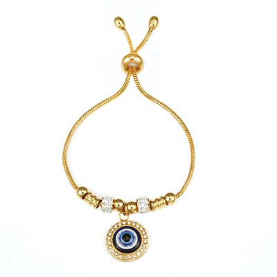 China 18K Beads Designer Charms Stainless Steel Evil Eye CLASSIC Gold Plated Adjustable Turkish Blue Bangle Wholesale for sale