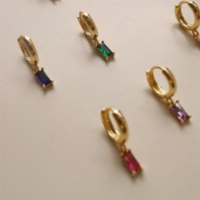 China FASHIONABLE High Quality Square EA002 Crystal Gem Gemstone Emerald Colorful Hypoallergenic Cubic Zircon Gold Plated Brass Huggie Earrings for sale