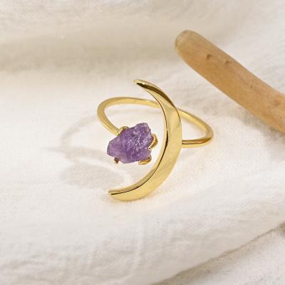 China Wholesale 2023 Fashion Jewelry 14K Gold Adjustable Open Cuff Purple Healing Crystal Natural Stone Moon Amethyst Ring For Women for sale