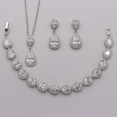 China Romantic Wedding Aaaaa Cubic Zirconia Bridal Jewelry Prom Bride Bridesmaid Teardrop Necklace And Earrings Bracelet Set Luxury for sale