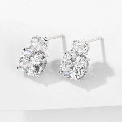 China Wholesale FASHIONABLE Zircon Sapphire Faux Diamond High Quality Square Double CZ Zircon Royal Blue Sparkle Stud Earrings For Women for sale