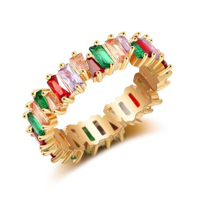 China Romantic 18K Gold Plated Colorful Rainbow Diamond Baguette Eternity Rings Zircon Zircon Irregular CZ Band Rings For Women for sale