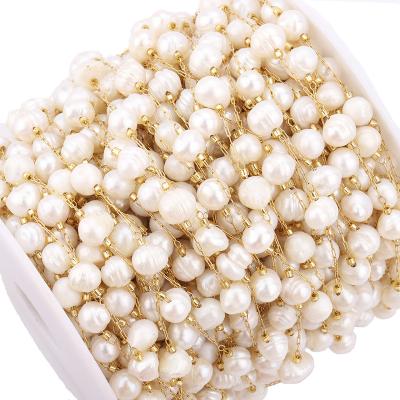 China Baroque Natural Freshwater Pearl Stainless Steel Gold Waterproof Beaded Coil Balance Roll Link Chain For Jewelry Making DIY PS029 Bulk for sale