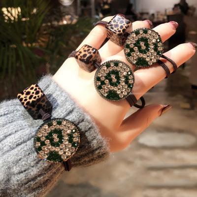 China Trendy Leopard Rhinestone Women Hair Accessories Smile Face Party Headwear Bow Elastic Hair Band Square Girls Beads Scrunchies Hair Tie for sale