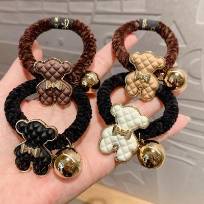 China New Cute Fashion Bear Elastic PU Leather Hair Bands Hair Accessories For Women Korean Crystal Scrunchies Ropes Ties Ponytail Holder for sale