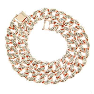 China Vintage Wholesale 12mm Pink Cuban Chain Iced Out Rhinestone Rose Gold Plating Miami Cuban Link Chain Zinc Alloy Necklace for sale