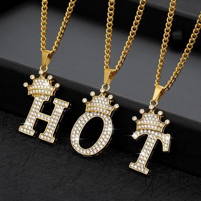 China Hiphop Jewelry Crown Necklace Zircon Letter Necklace Men's Crown Pendant Stainless Steel Letter Necklace for sale