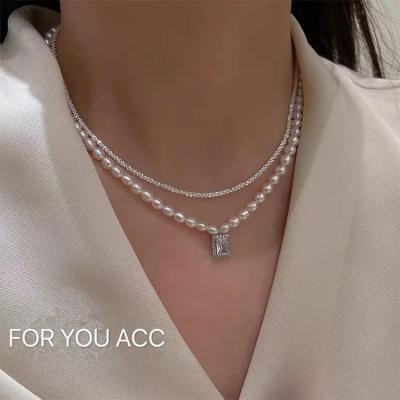 China True Vintage Temperament Celebrity Platinum Zircon Double Layer Wind Plated Pearl Clavicle Chain Necklace for sale