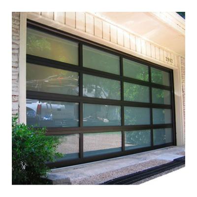 China Modern Black Anodized Automatic Aluminum Frame Frosted Tempered Glass Panels Garage Door Prices for sale