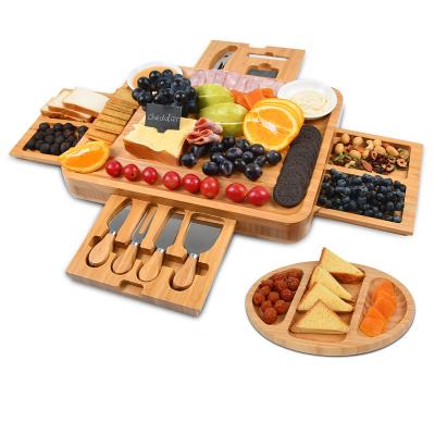 China Sustainable Eco Friendly Kitchen 4 Drawers Food Serving Charcuterie Board Hidden Bamboo Cheese Board With Knife Set for sale