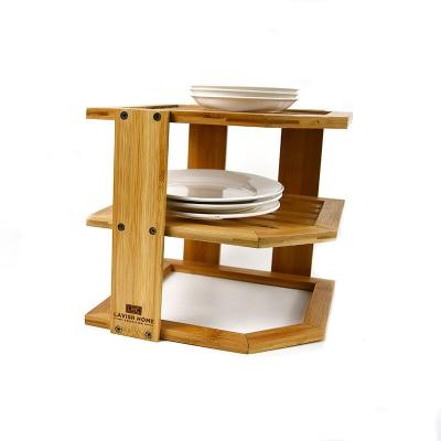 China 3-Tier Sustainable Storage Bamboo Corner Dish Shelf Wooden Dish Storage Organizer Corner Rack For Kitchen for sale