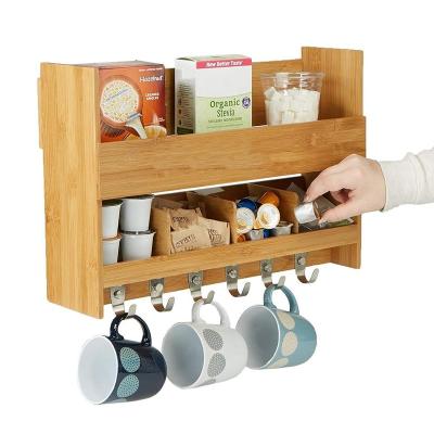 China Sustainable Kitchen Storage Organizer, Wall Mount Natural Bamboo Coffee Cup Holder with 6 Hooks and 2 Shelves for sale