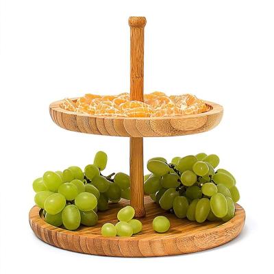 China 2 Tier Sustainable Round Natural Bamboo Fruit Tray Cake Stand For Snacks Candy Pastries Nuts for sale