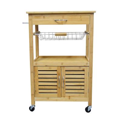 China Mordern Multifunctional Kitchen Cart Bamboo Wooden Cart with Cabinet Drawers and Wine Bottle Storage Compartments for sale