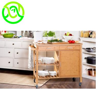 China Island Storage Solid Wood Bamboo Rolling Shelves, Kitchen Cart Cart with 2 Shelves and One Cabinet for sale