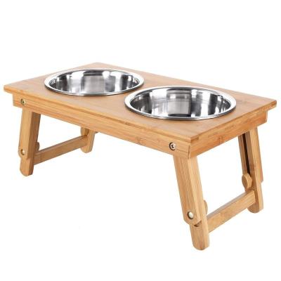 China Sustainable Dog Food Adjustable Bamboo Rack Raised Dog Bowl Pet Feeding Station for sale