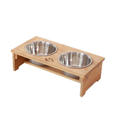 China Sustainable Bamboo 2 Stainless Steel Bowl Pet Feeder With Hollowed-out Dog LEGS for sale