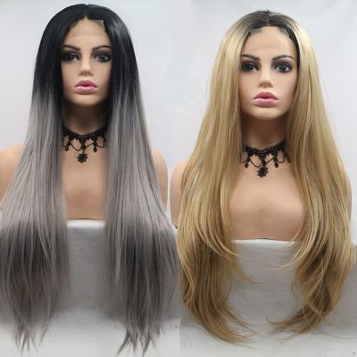 China Wholesale Ombre Lace Front Wig Long Straight Glueless 4*1 Regular Blonde Synthetic Lace Part Heat Resistant Wave Wigs With Baby Hair 1B Gray for sale