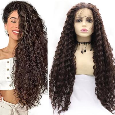 China Chocolate Brown Deep Wave Synthetic Lace Front Wigs Long Fluffy Wavy 12x3 Curly Wig Brown Lace Front Wig For Black Women Cheap for sale