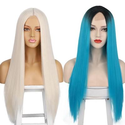 China Blue Women's Daily Part Cosplay Wig Long Straight Highlight Wig Synthetic Medium Blonde Natural Look Heat Resistant Fiber Brown for sale