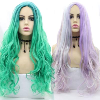 China Cheap Synthetic Body Wave Rainbow Hair Wigs Mixed Ombre Purple Green Blue No Lace Wig Long Natural Wave 1B/613 Blonde Colors 180% Density for sale