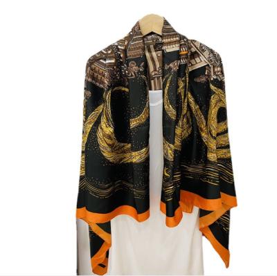 China Polyester H Orange Edge Rolled Satin Scarf Skyscraper Printed Silk Like Square Neck Fashion Scarf for sale