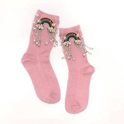 China Antibacterial Handmade Sequins Socks Pearl Socks Maid Pink Party Socks for sale